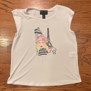 YK2 Frank Lyman White Graphic Top, Paris with rhinestones, size 12, like new